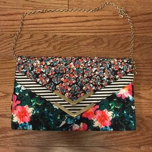 Printed Flower and Stripe Clutch